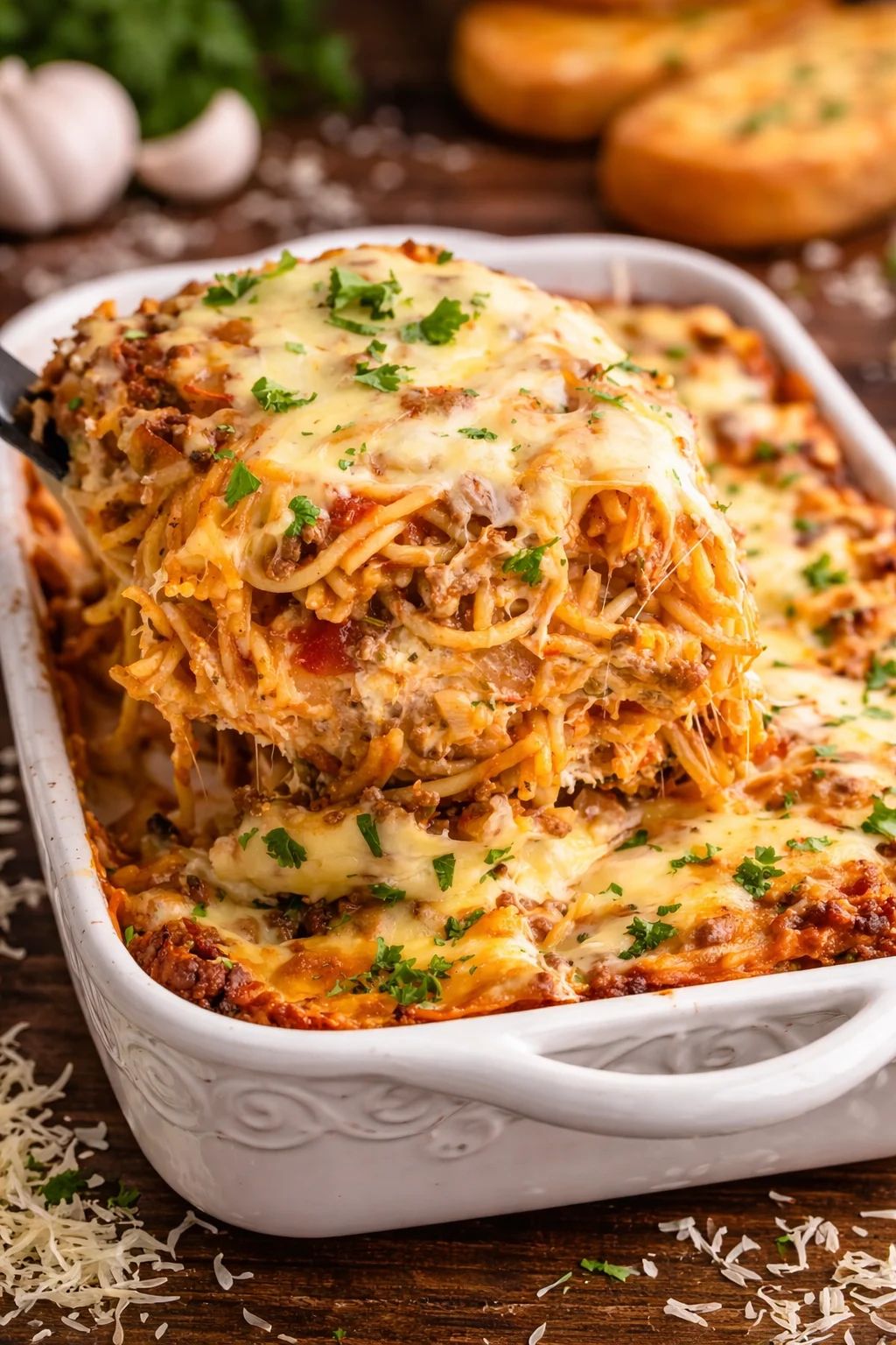 Baked spaghetti casserole topped with melted cheese and herbs
