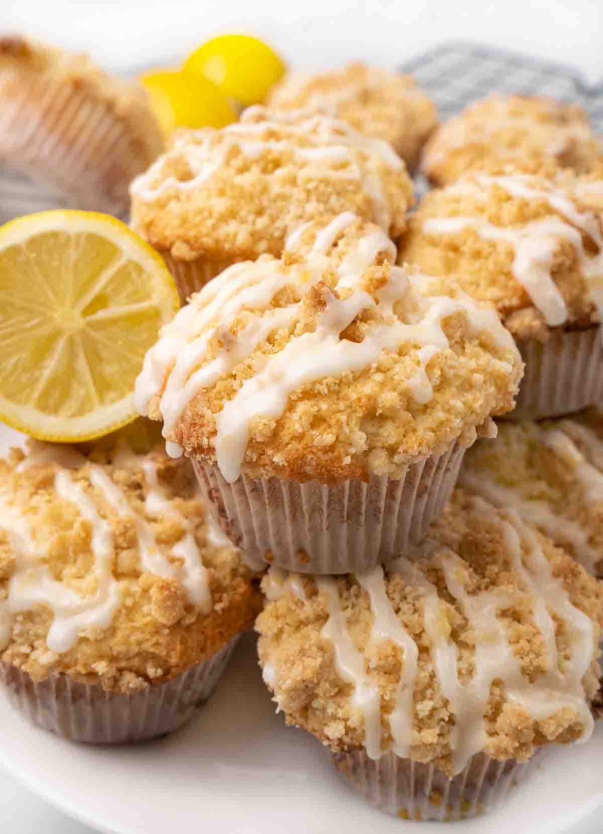 Lemon crumble muffins with a drizzle of glaze