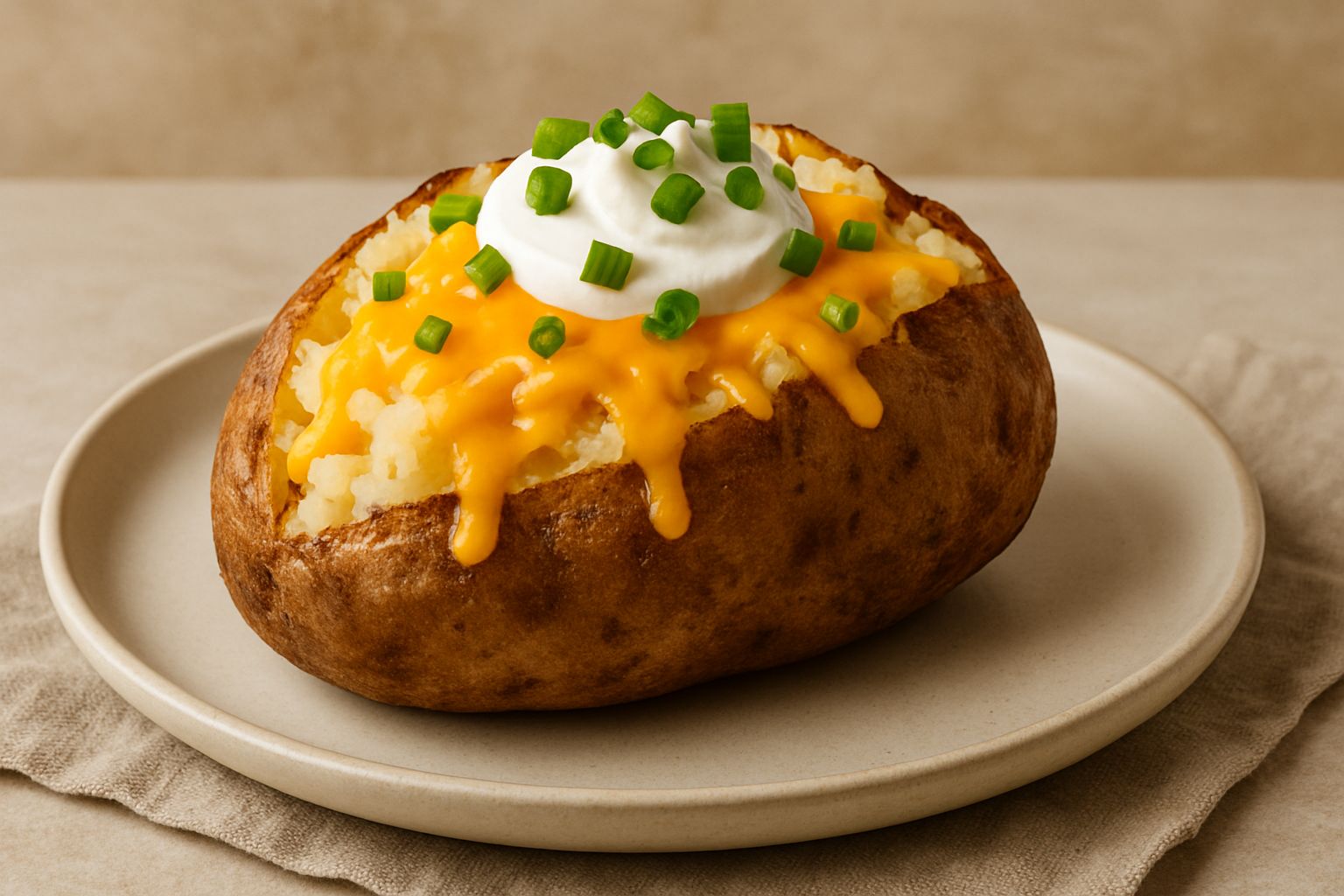 Loaded baked potato topped with melted cheddar, sour cream, crispy bacon, and green onions